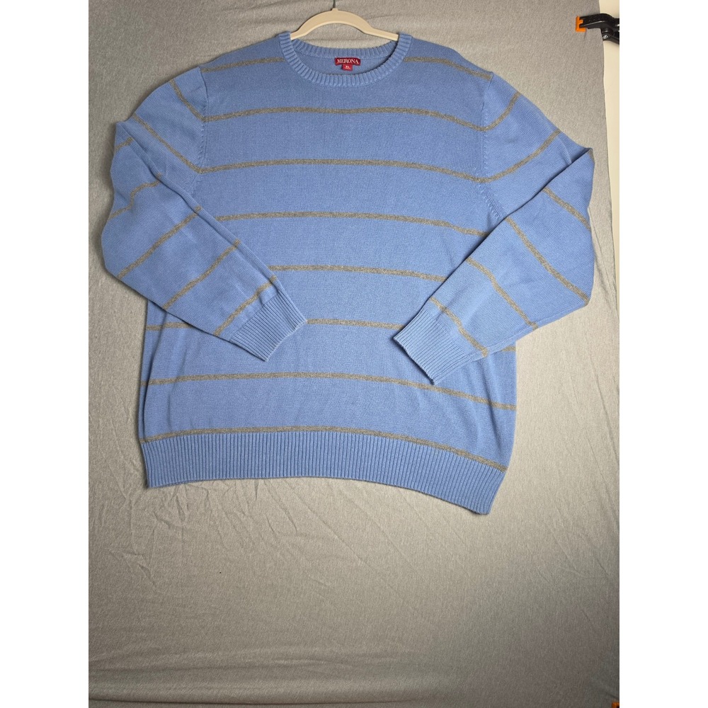 Merona Mens XL Blue Grey Striped Crewneck Sweater 100% Cotton RN17730 F00019230